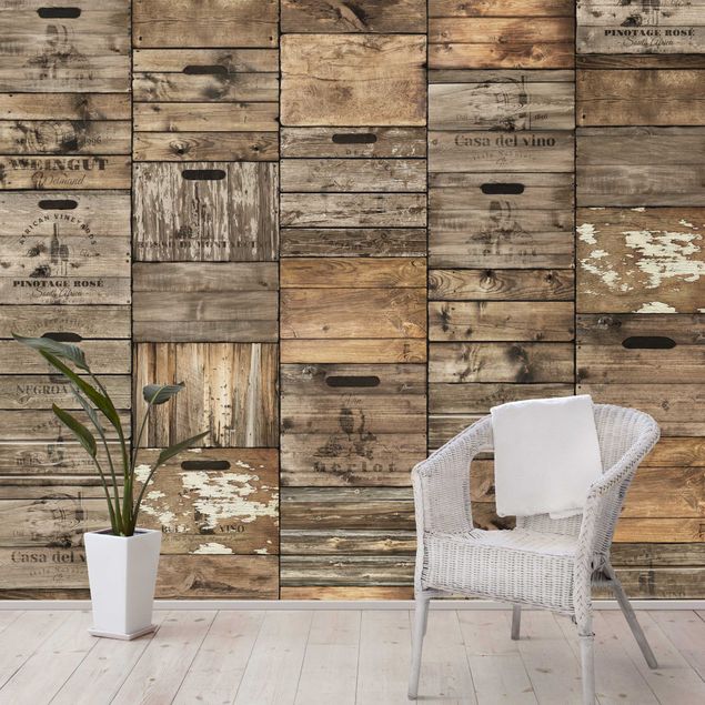 Wood panel wallpaper Vintage Wooden Crates Rows