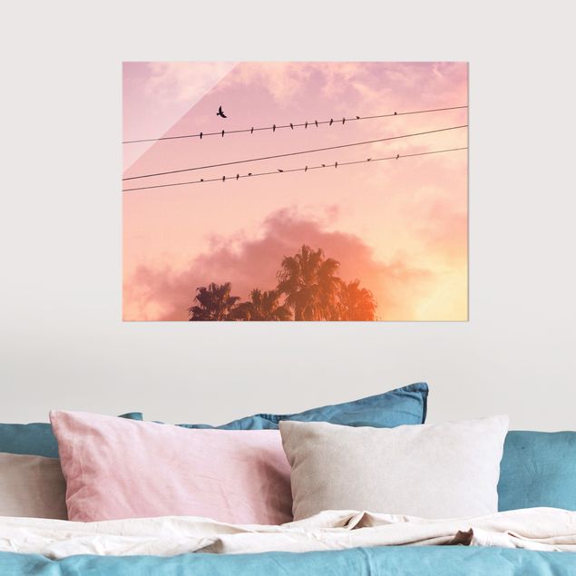 Glass prints sunset Birds On Powerlines