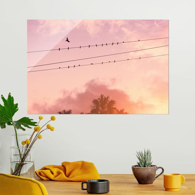 Glass prints sunset Birds On Powerlines