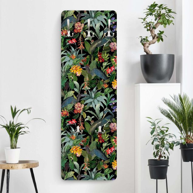Wall mounted coat rack flower Birds With Tropical Flowers