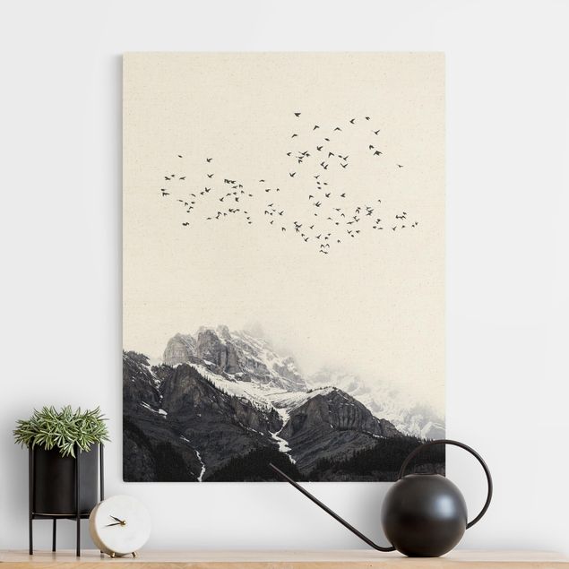 Kitchen Flock Of Birds In Front Of Mountains Black And White