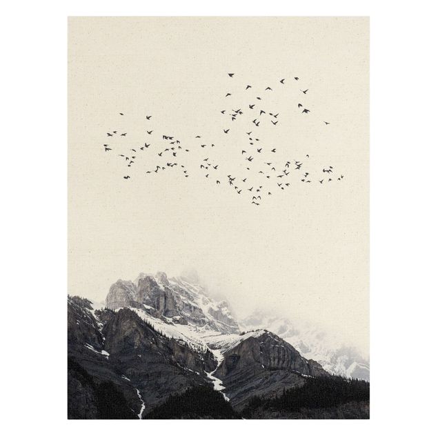 Bird canvas wall art Flock Of Birds In Front Of Mountains Black And White