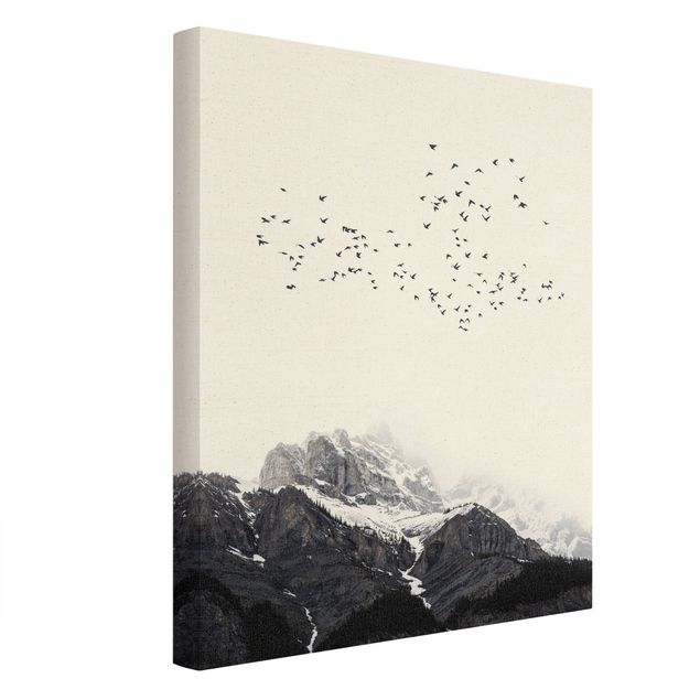 Canvas art Flock Of Birds In Front Of Mountains Black And White