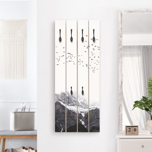 Wall mounted coat rack black and white Flock Of Birds In Front Of Mountains Black And White