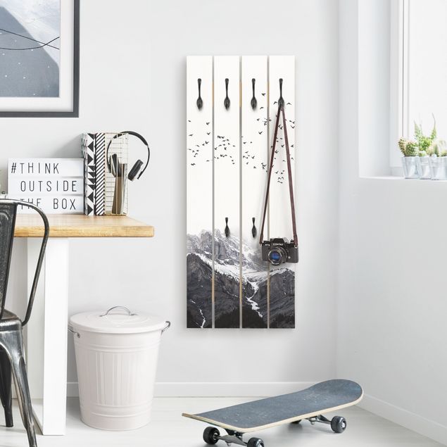 Coat rack wood Flock Of Birds In Front Of Mountains Black And White