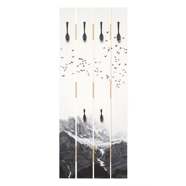 Wall mounted coat rack Flock Of Birds In Front Of Mountains Black And White
