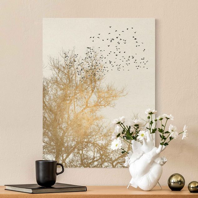 Prints landscape Flock Of Birds In Front Of Golden Tree