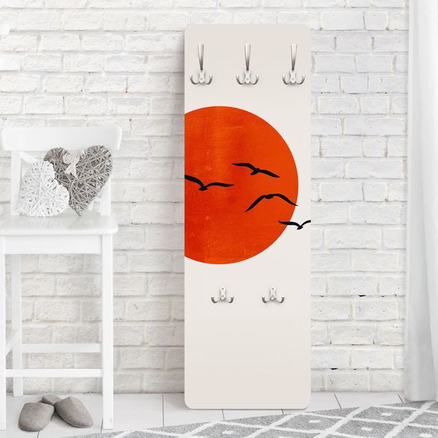 Wall mounted coat rack landscape Flock Of Birds In Front Of Red Sun I