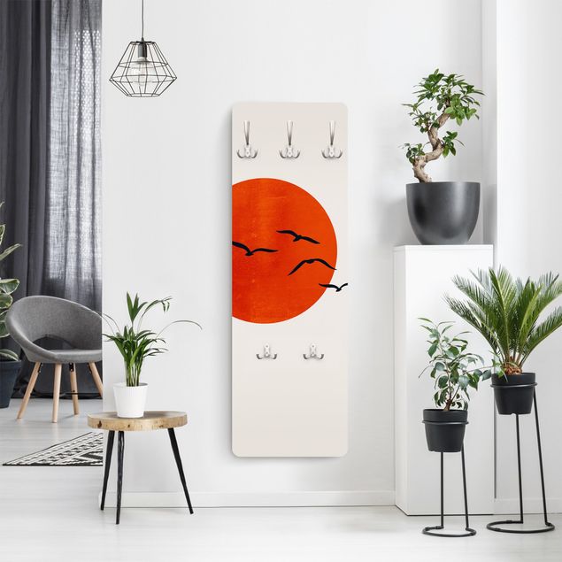 Wall mounted coat rack animals Flock Of Birds In Front Of Red Sun I