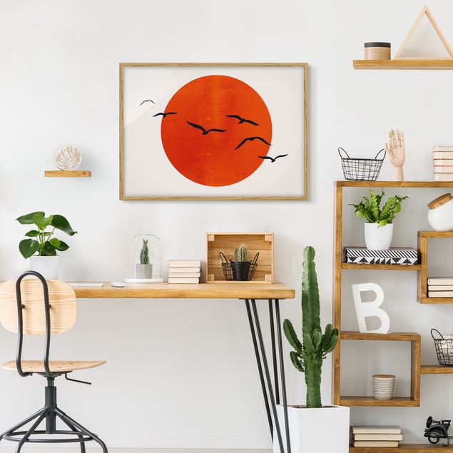 Art posters Flock Of Birds In Front Of Red Sun I