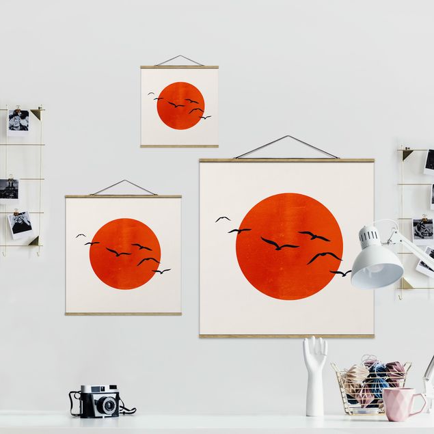 Red canvas wall art Flock Of Birds In Front Of Red Sun I