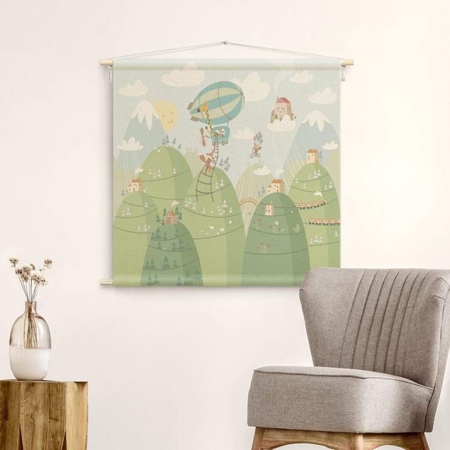 modern wall tapestry Forest With Houses And Animals