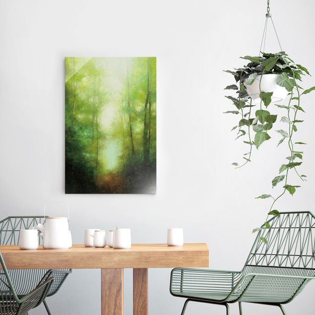 Glass prints landscape Forest walk in the mist
