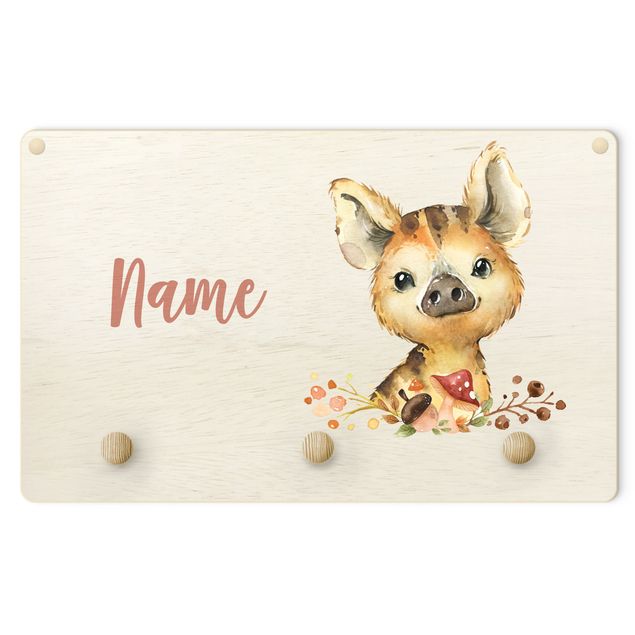 Wall mounted coat rack brown Forest Animal Baby Boar With Customised Name