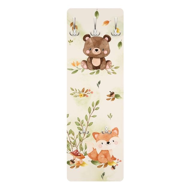Wall mounted coat rack multicoloured Forest Animals Autumn Bear Squirrel Raccoon
