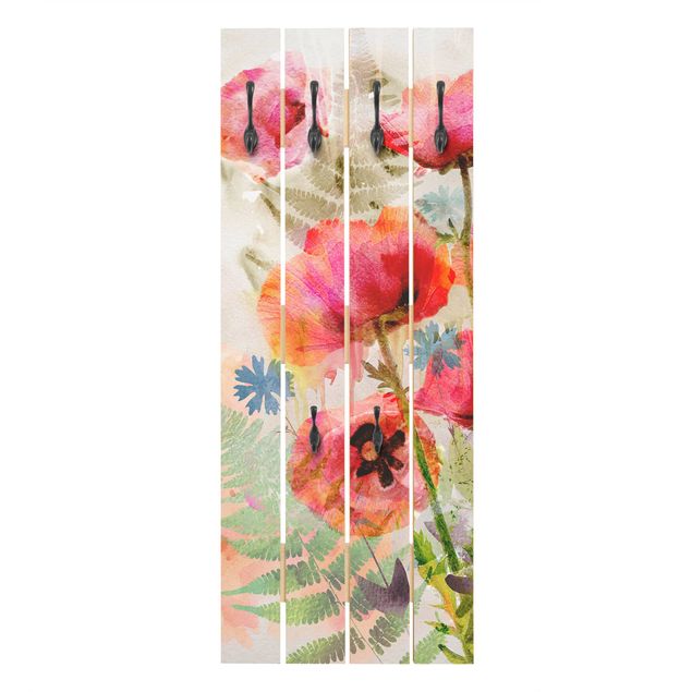 Wall mounted coat rack red Watercolour Flowers Poppy