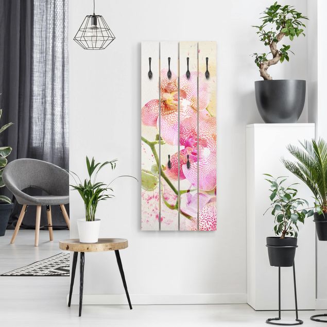 Wooden wall mounted coat rack Watercolour Flowers Orchids