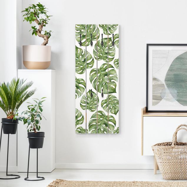Wooden wall mounted coat rack Watercolour Monstera Leaves