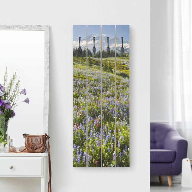 Wall mounted coat rack flower Mountain Meadow With Red Flowers in Front of Mt. Rainier