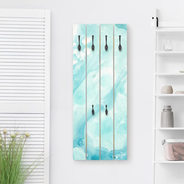 Wooden wall mounted coat rack Emulsion In White And Turquoise I