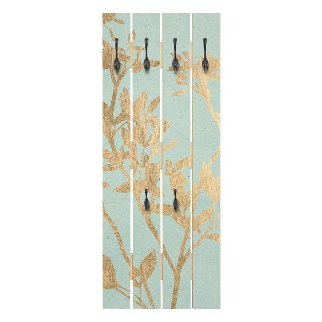 Wall coat hanger Golden Leaves On Turquoise II