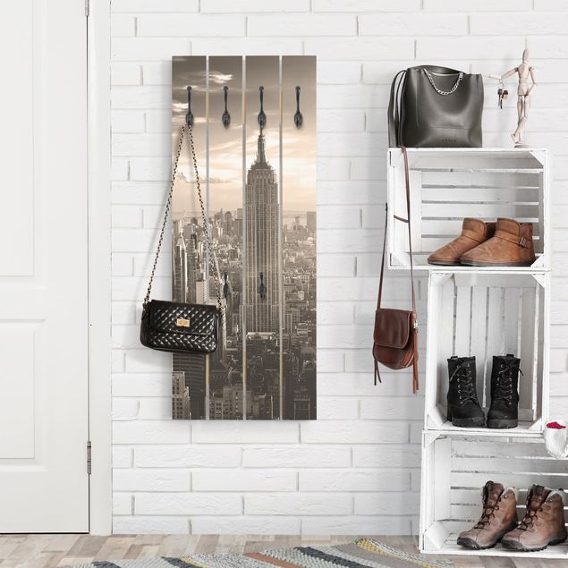 Wall mounted coat rack black and white Manhattan Skyline