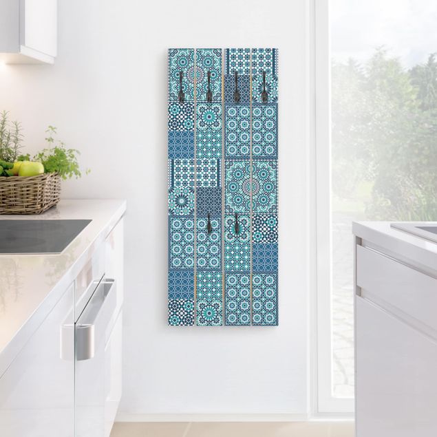Vintage wall coat rack Moroccan Mosaic Tiles Turquoise Blue