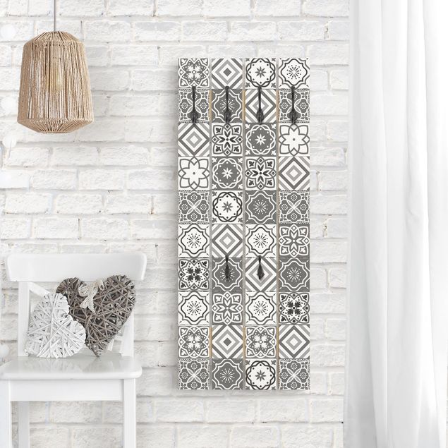 Coat rack wood Mediterranean Tile Pattern Grayscale