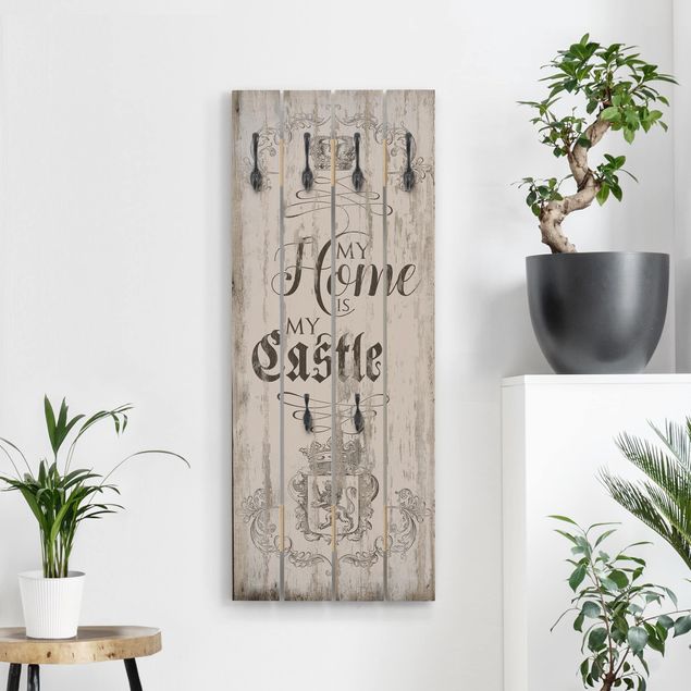 Wall mounted coat rack wood My Home is my Castle