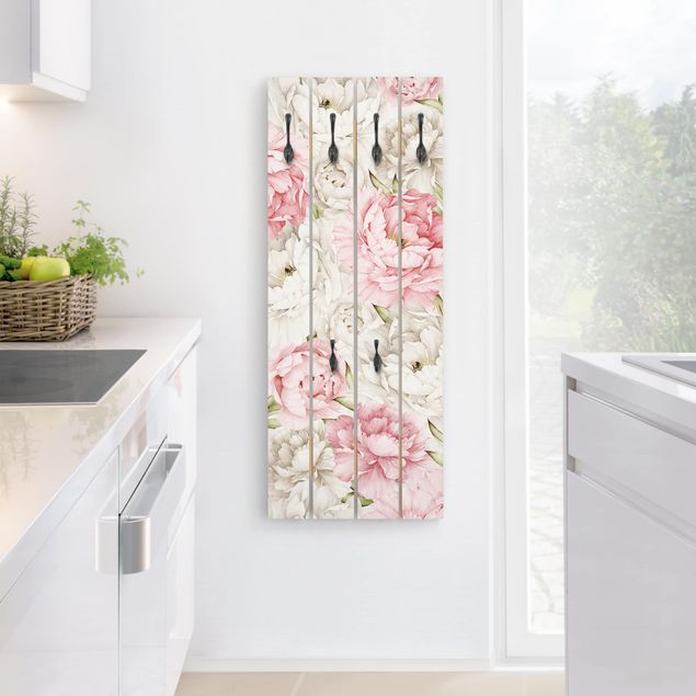 Wooden wall mounted coat rack Peony Rose White