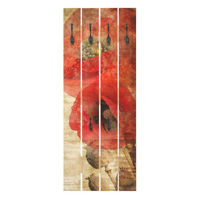 Wall mounted coat rack red Poppy Flower