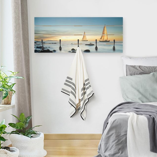 Wooden wall mounted coat rack Sailboats On the Ocean
