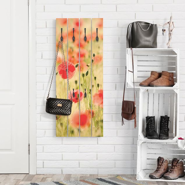 Wooden wall mounted coat rack Summer Poppies