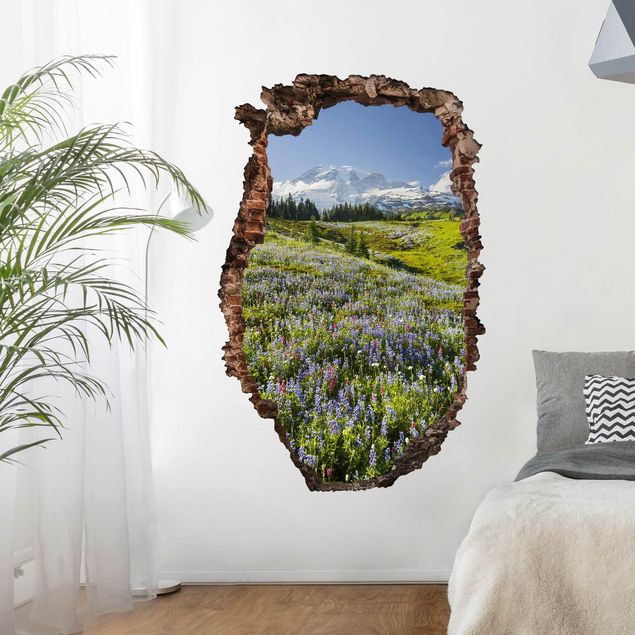 3d wallpaper sticker Mountain Meadow With Red Flowers in Front of Mt. Rainier Break Through Wall