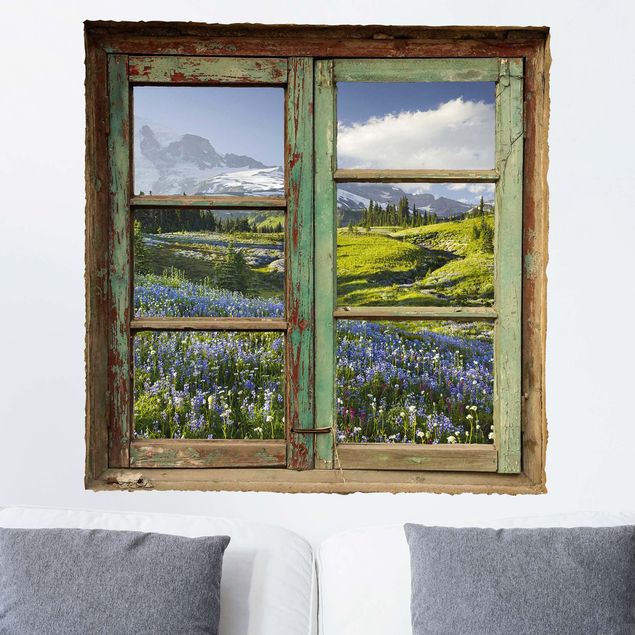 Universe wall stickers Window View of a Mountain Meadow With Flowers in Front of Mt. Rainier
