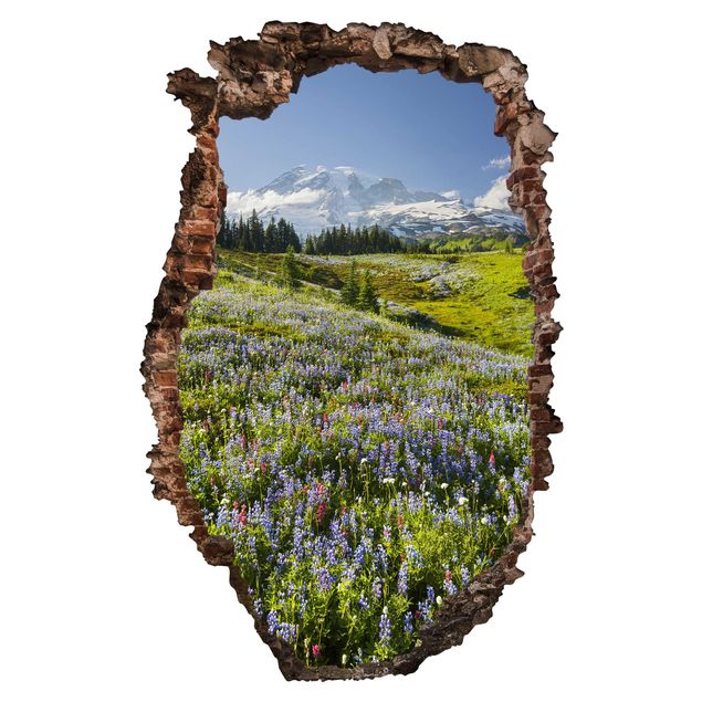 Plant wall decals Mountain Meadow With Red Flowers in Front of Mt. Rainier Break Through Wall