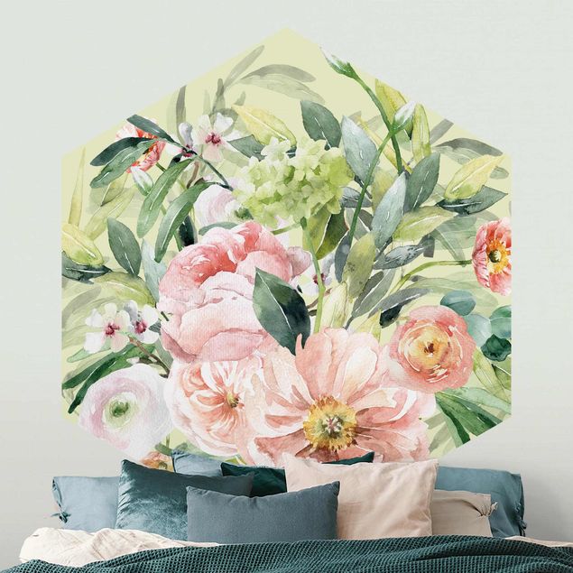 Contemporary wallpaper Watercolour Pink Flower Bouquet