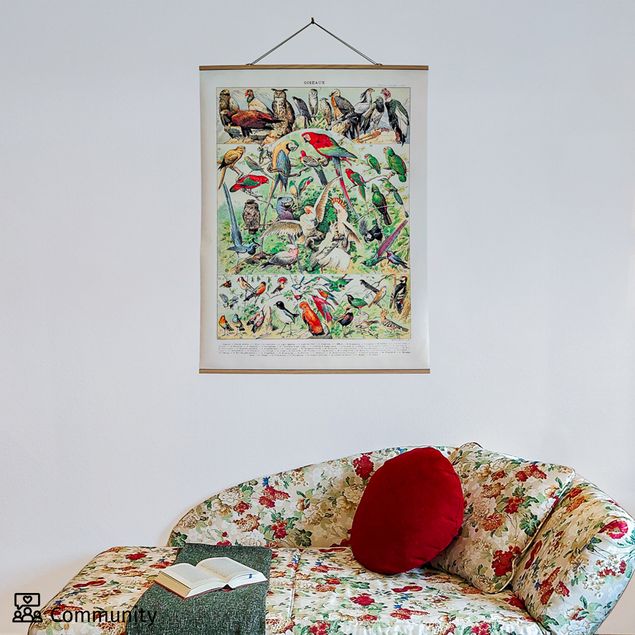 Fabric print with posters hangers Vintage Board Birds