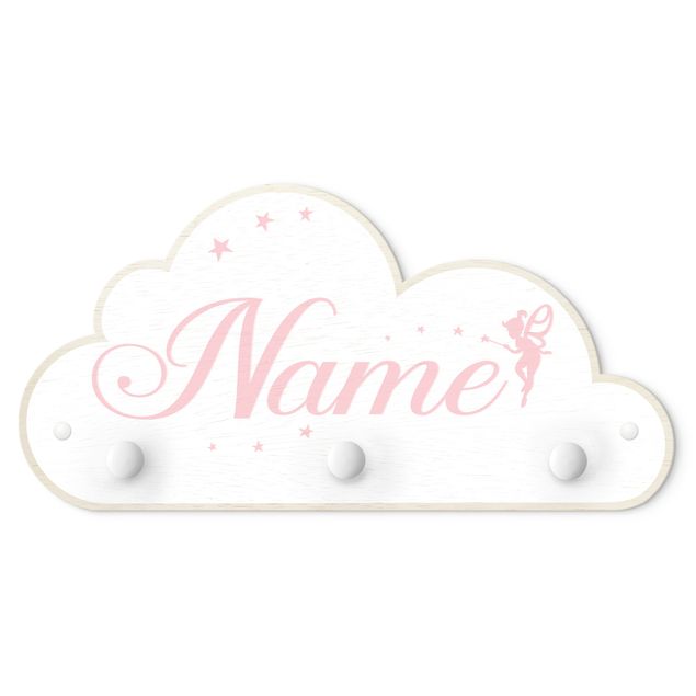 Wall coat hanger White Fairies Cloud With Customised Name Pink