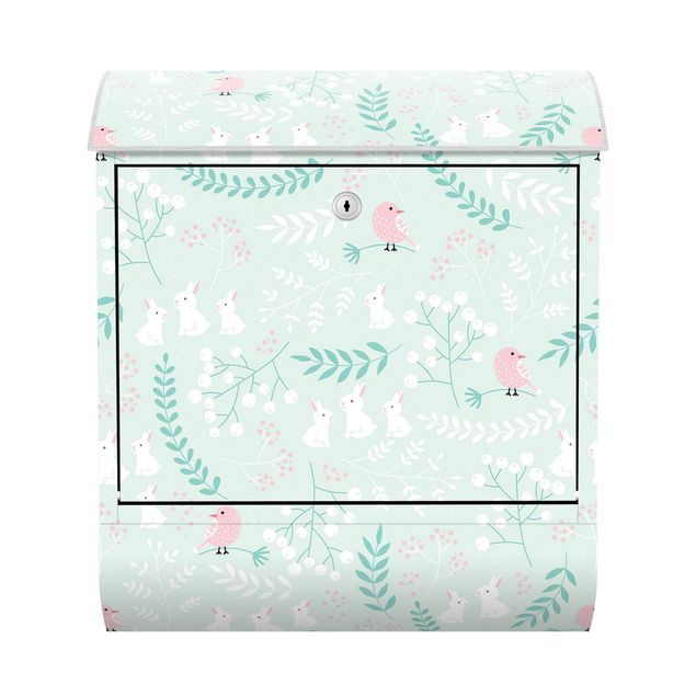 Letterboxes pink White Rabbits And Light Pink Birds In Thicket
