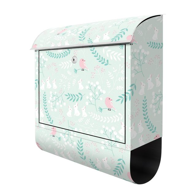 Letterboxes White Rabbits And Light Pink Birds In Thicket