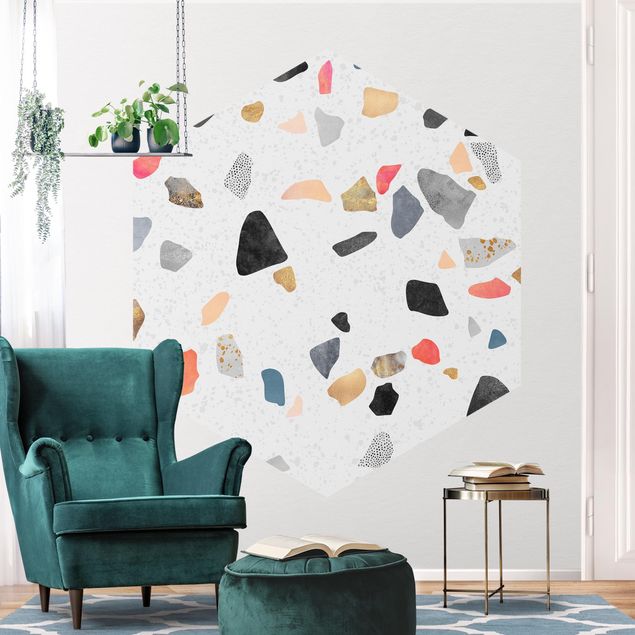 Contemporary wallpaper White Terrazzo With Gold Stones
