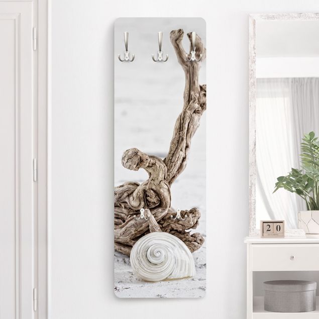 Wall mounted coat rack landscape White Snail Shell And Root Wood