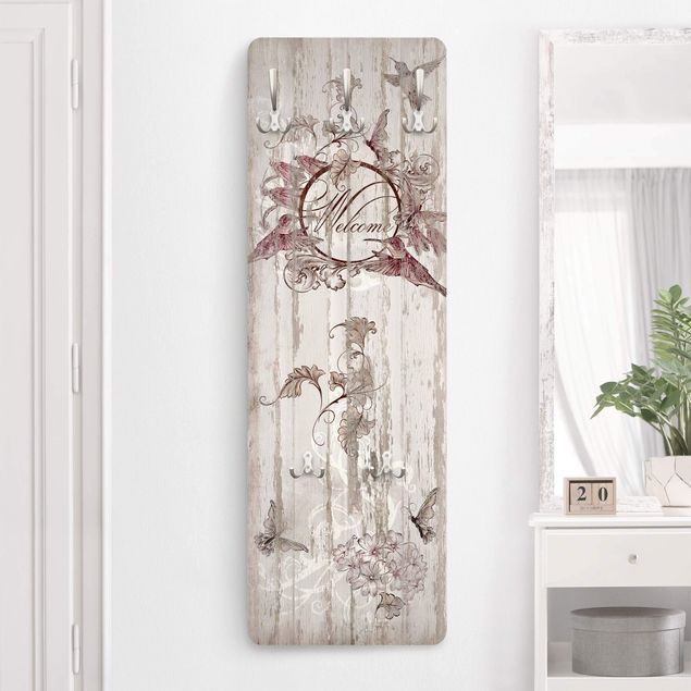 Wall mounted coat rack wood Welcome with Butterfly