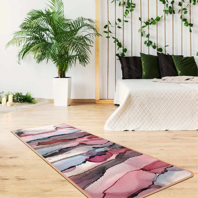 modern abstract rug Surfing Waves In Purple With Pink Gold