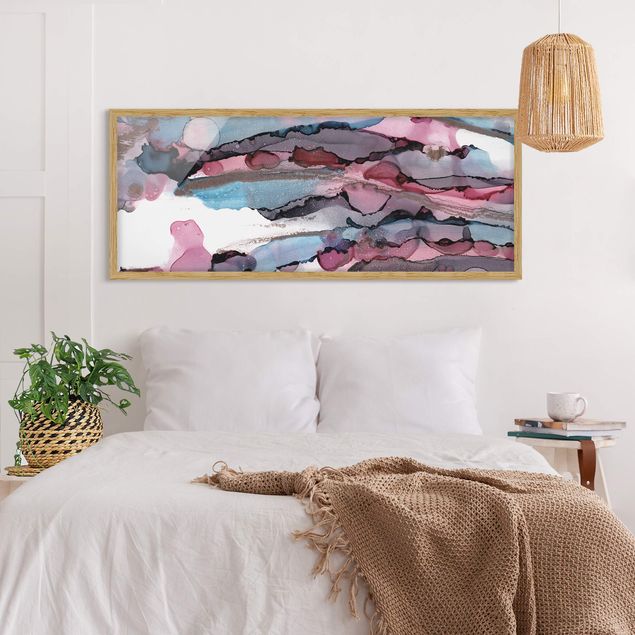 Modern art prints Surfing Waves In Purple With Pink Gold