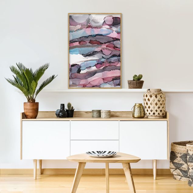 Modern art prints Surfing Waves In Purple With Pink Gold