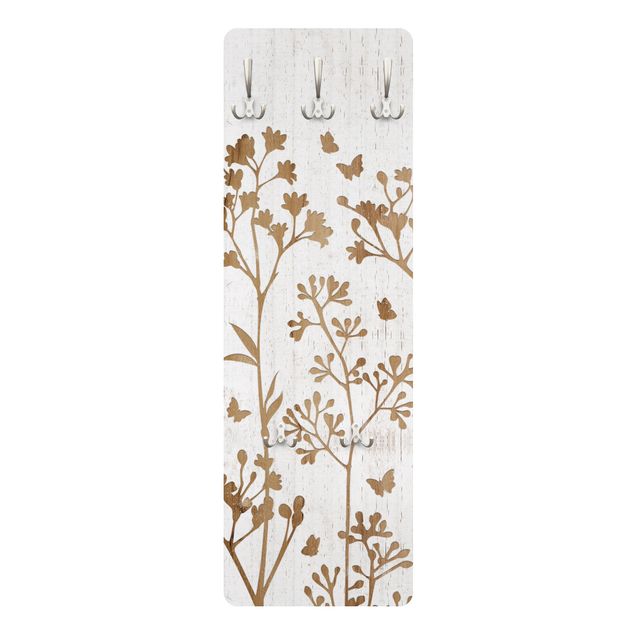 Coat rack white Wild Flowers with Butterflies on Wood