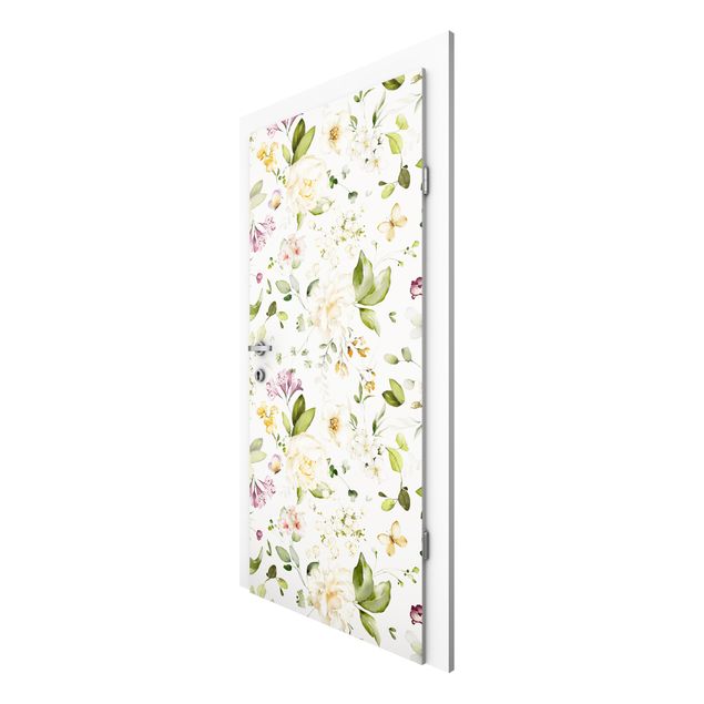 Door Wallpapers flower Wildflowers and White Roses Watercolour Pattern