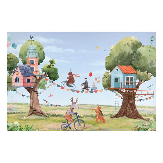Prints landscape Wild party between tree houses